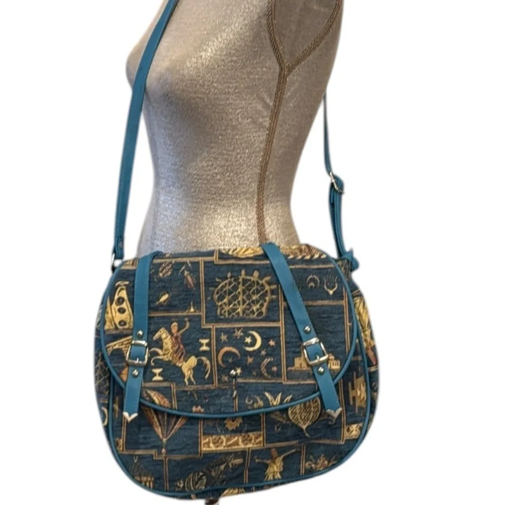Motif Turkish Blue Tapestry & Vegan Leather Satchel Crossbody Bag